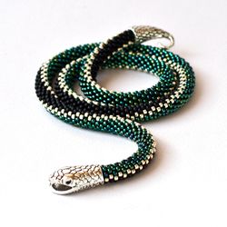 green beaded snake necklace, ouroboros necklace, seed bead choker, statement necklace, snake bead necklace, gift for her