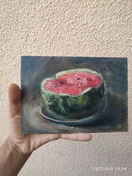 original oil painting still life "red watermelon", original hand painting.original art.