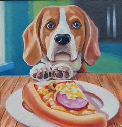 may i have a bite dog with pizza art oil canvas