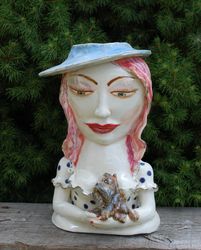 lady head vase ceramic sculpture vase bust lady with dog yorkshire terrier porcelain woman statuette face vase lady hat