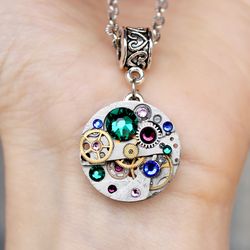 handmade unique steampunk necklace from vintage ussr watch movement with swarovski