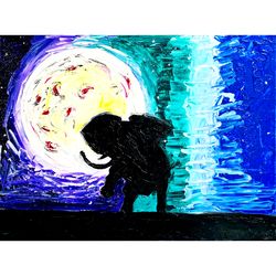 elephant painting full moon original art canvas wall art impasto oil art 18"by 24" african art landscape safari space ar