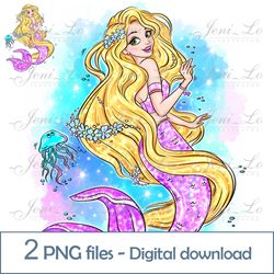 mermaid princess long hair 2 png files sea princess clipart sublimation magic design gift for princess digital download