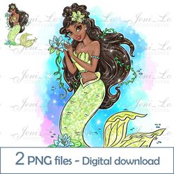 black princess mermaid 2 png files sea princess clipart sublimation magic design gift for princess digital download