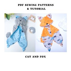 set of 2 sewing patterns fox security blanket and cat lovey, baby comforter pattern