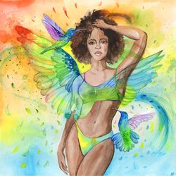 african american woman painting african american girl original art woman and hummingbird watercolor bird artwork