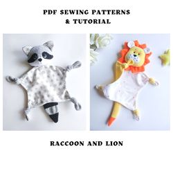 set of 2 sewing patterns raccoon lovey and lion lovey, baby comforter pattern