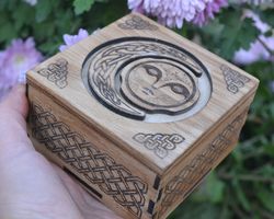 jewelry box with sun and moon. wood box with secret lock.
