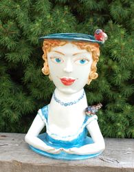 lady head vase ceramic sculpture vase bust lady with birds figurine sculpture vase bust lady with figurine birds