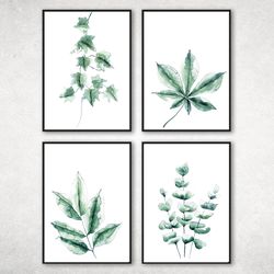 green leaves print set of 4, watercolor leaves print, printable wall art, botanical plants, greenery wall art