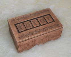 wooden tarot box with secret lock. tarot card box with hidden lock.