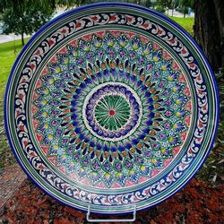 handmade pottery large plate diameter: 16.33 inches for a festive table handmade bowl with color pattern