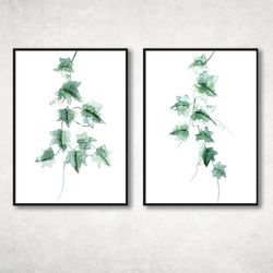 watercolor poster, set of 2 prints, wall art, green leaves watercolor,  leaves print, watercolor leaves, greenery