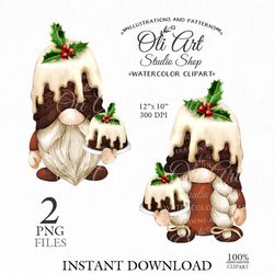 Christmas pudding gnome clipart. Hand painted clipart. Sublimation Png, Design Digital Download. OliArtStudioShop