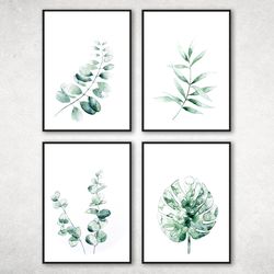 watercolor green plants, green leaves print set of 4, watercolor leaves print, printable wall art, botanical plants