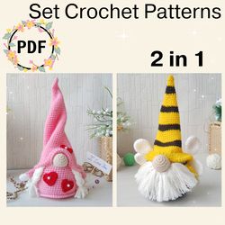 set 2 in 1 gnome crochet patterns, gnome party decoration, cone gnome, doll and gnome, easy to make spring gnome