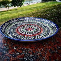 handmade pottery large plate diameter 14.76 inches clay bowl with colored pattern