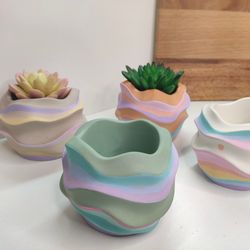 Little Rainbow Succulent And Cactus Pot With Drainage | Small Planter | Cement Planter | Cache Pot With Saucer