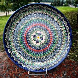 pottery large handmade bowl diameter 14.76 inches made of red clay plate with color pattern