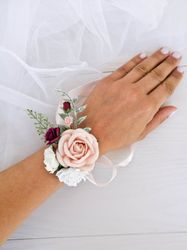 blush burgundy corsage, bridesmaid corsage, bridal corsage, wedding corsage, blush rose corsage, mothers corsage
