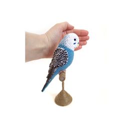 crochet blue budgie with jute stand