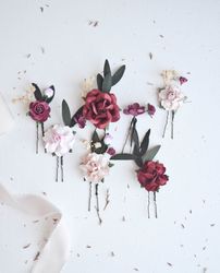 burgundy blush hair pins, bridal hair pins, floral hair pins, bridesmaid hair pin, set of  hair pins, floral hair pin