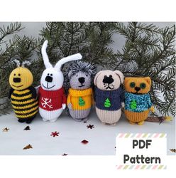 set of 5 animal knitting patterns, knit hedgehog pattern, bee pattern, cat pattern, dog pattern, bunny knitting pattern