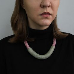 green and pink statement necklace, polymer clay and cotton contemporary jewelry