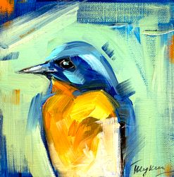 blue bird painting bird painting oil painting original art animal wall art small artwork 5 by 5" katrinaorlovaart