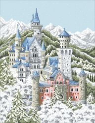digital | vintage cross stitch pattern neuschwanstein castle | winter | english pdf template