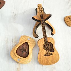 wooden guitar pick box with engraved pick, personalized custom wooden anniversary gift for guitar player, christmas gift