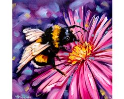 honeybee painting daisies painting flower original art oil painting honey bee wall art small painting 8 by 8"