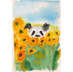 panda painting animal original art bear artwork sunflowers watercolor floral wall art
