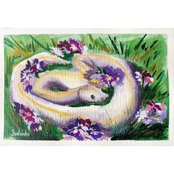 snake painting animal original art white python artwork small watercolor floral wall art