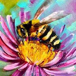 honeybee painting flower painting honey bee original art insect oil painting honeybee wall art small painting 6 by 6"