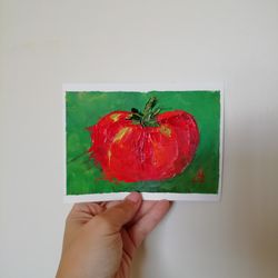 tomato painting vegetable original art impasto small artwork 4" by 6" by artmadeira