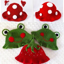 bucket hat, mushroom hat, frog hat, strawberry hat