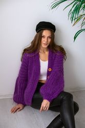 oversized mohair knit cardigan, purple knitted sweater, chunky wool handmade cardigan, women knit jacket, knit sweater