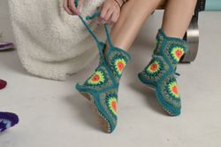 woolen cute socks, crocheted warm socks, winter long knee socks, a gift for her