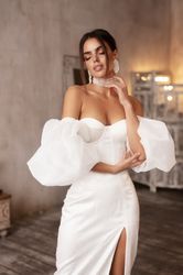 sweetheart midi dress. veil wedding gown puffy sleeve dress, slit skirt dress