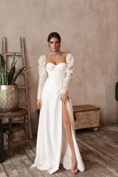 sexy wedding dress, summer boho wedding, corset reception gown, slit skirt dress