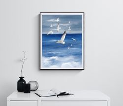 blue sea watercolor print blue ocean wall art seascape print seagulls watercolor painting blue and grey art seagulls pai