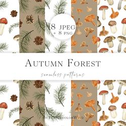 fall forest mushroom seamless patterns, autumn digital paper pack