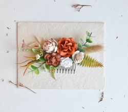 boho hair comb, bridal floral comb, orange flower comb, rustic wedding comb, floral hair clip