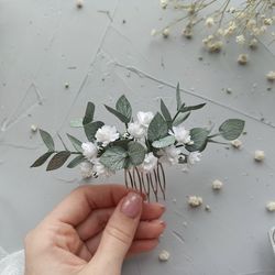 wedding eucalyptus hair piece bridal sage green headpiece babys breath greenery hair piece floral hair comb gypsophila