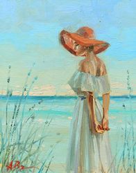 lady woman romantic beach seal landscape original oil painting impressionism art