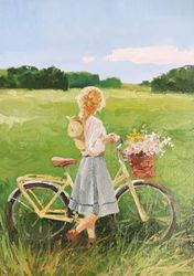 girl bicycle wild flowers meadow landscape original oil painting