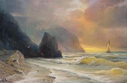 by the sea waves coastal beach sunset landscape original oil painting