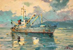 evening sea fishing ship original oil painting modern office home wall decor