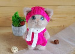 crochet cat stuffed animal cute handmade toy. crochet doll cat in clothes is room decor or cat lover gift.